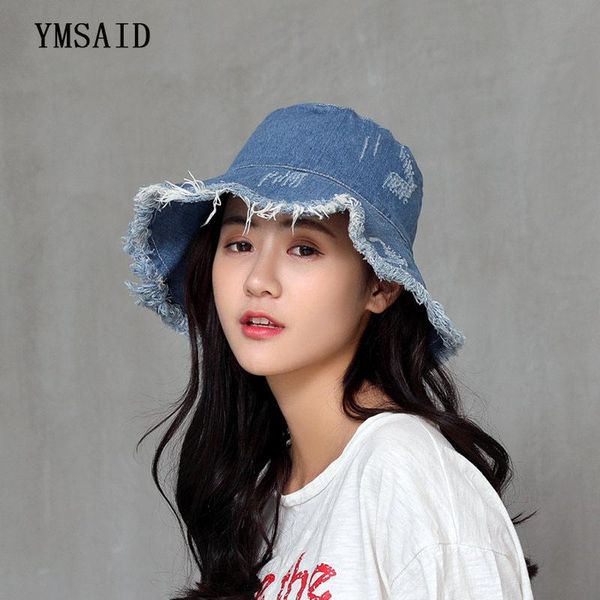 

ymsaid summer washed denim sunhat women fashion tassel floppy cap ladies wide brim beach bucket hats men cotton foldable chapeu, Blue;gray