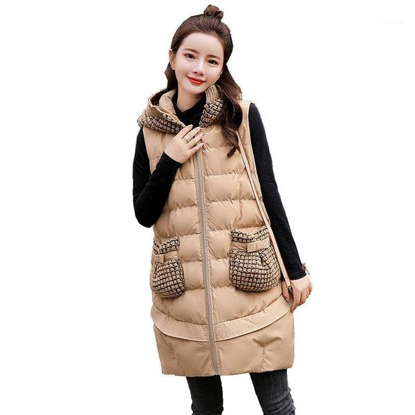 

autumn winter new women slim sleeveless jacket hooded warm medium and long section down cotton vest simple outwear1, Black