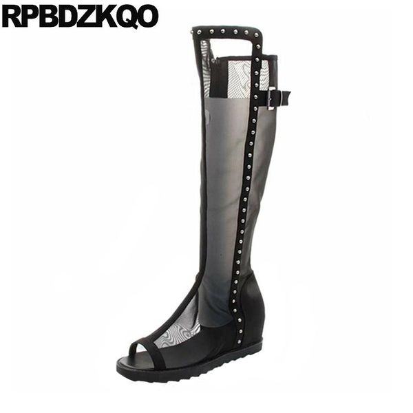 

boots stud knee high peep toe wedge black rivet shoes women casual motorcycle sandals open mesh biker hidden