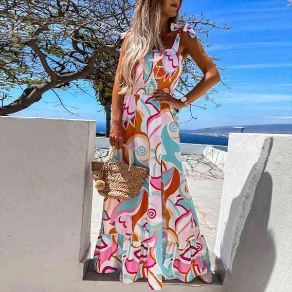 

pattern printed sling party dress women spring slash neck bow split long dress summer sleeveless ruffles maxi beach dresses, Black;gray