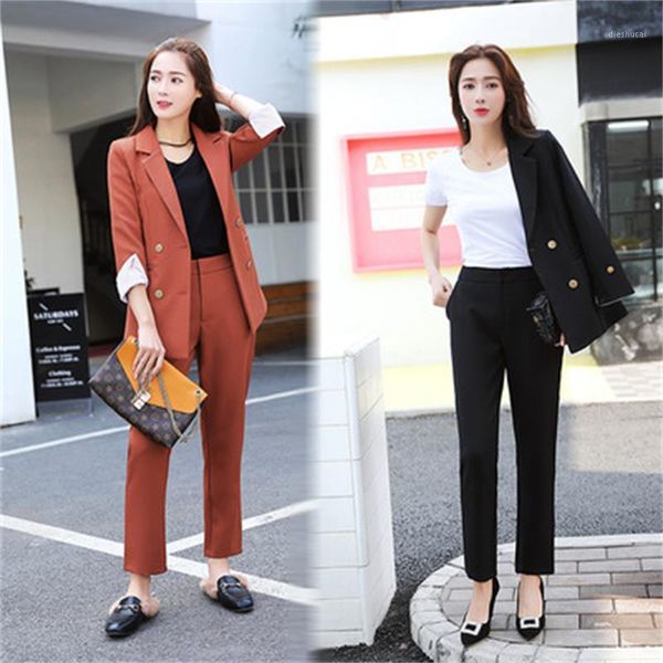 

blazer jacket 2 piece set long pants suits office uniform designs women autumn patchwork double breasted female business suit1, White
