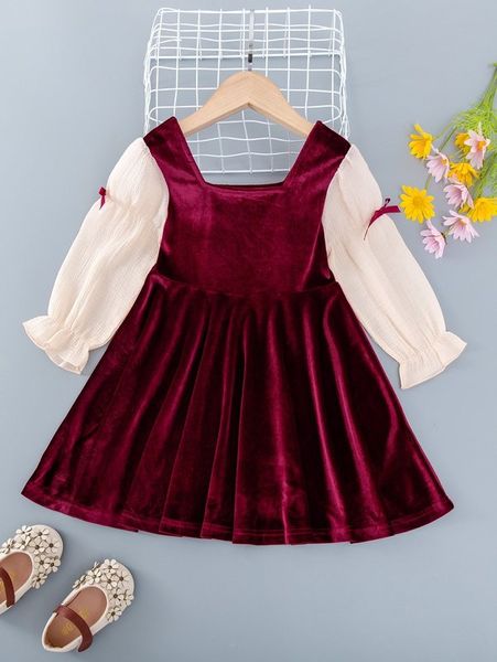 

toddler girls bow detail flounce sleeve square neck dress she, Red;yellow
