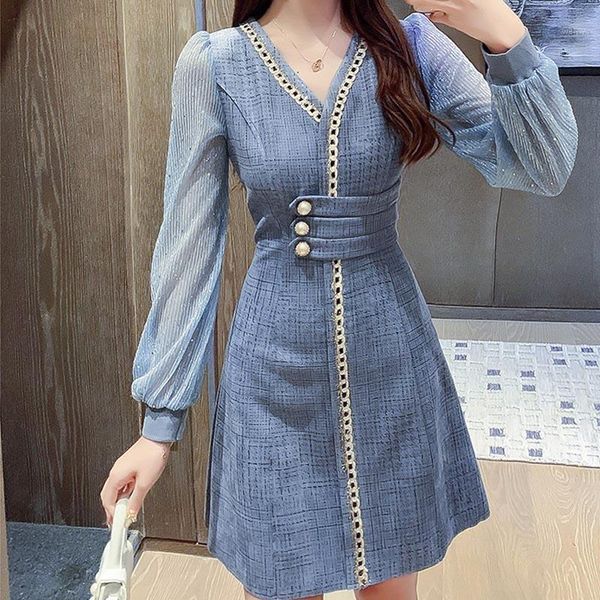 

full sleeve one-piece dress korean new sequins high waist v-neck dresses1, Black;gray