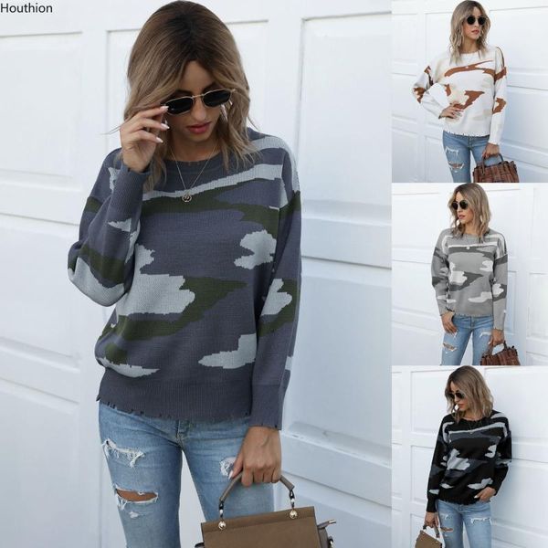

houthion women's sweater new fashion temperament round neck camouflage striped polish casual knitted elegant sweater1, White;black