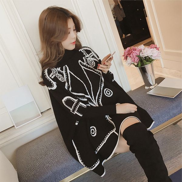 

pattern knitted sweater women high collar pullover korean oversized batwing sleeve loose casual autumn winter clothes 201203, White;black