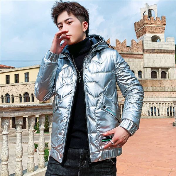 

korean slim fit trend handsome young down bright face cotton padded jacket men's winter coat, Black