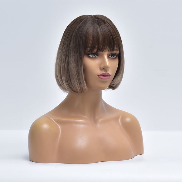 

costume accessories brown short straight ombre hair synthetic wigs for white women with bangs daily cosplay nutural heat resistant fiber bob, Silver