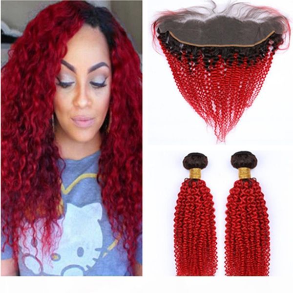 

brazilian red ombre kinky curly virgin hair weave wefts with frontal 2bundles #1b red ombre human hair wefts with 13x4 full lace frontal, Black;brown