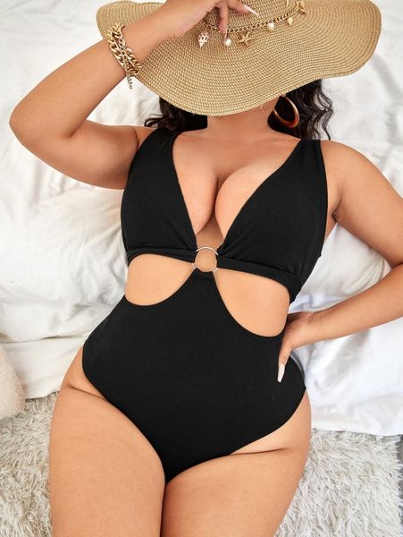 

plus cut-out ring linked one piece swimsuit c0bv#, Black