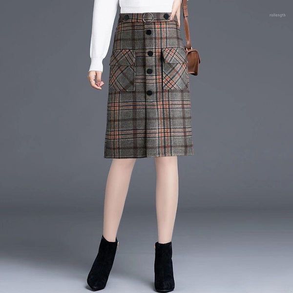 

woolen plaid skirt long 2020 autumn and winter high waist skirt woman skirts mujer faldas saias mulher1, Black