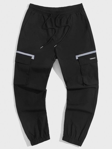 

men reflective contrast panel patch detail cargo pants w96c#, Black