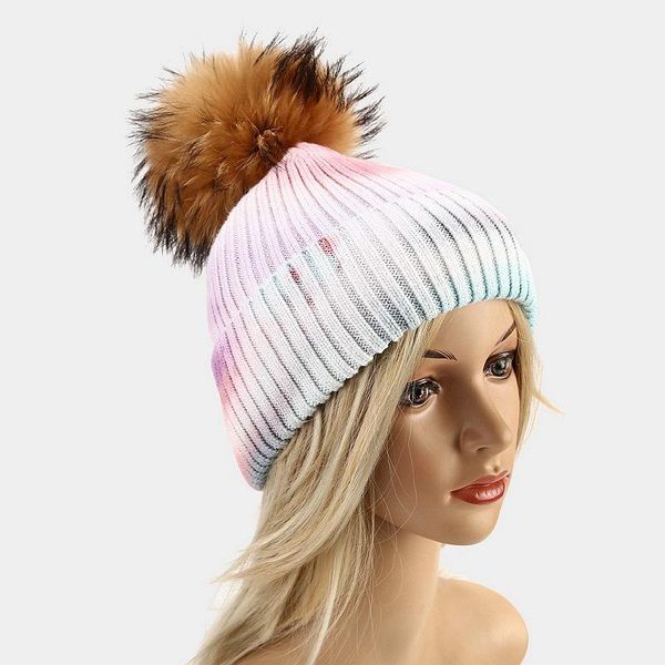 

beanie/skull caps tie-dyed raccoon fur ball knitted hat autumn and winter cap outdoor windproof core-spun yarn, Blue;gray