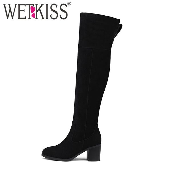 

wetkiss корова suede полная кожа над коленом boots женщина зимней обувью короткого плюшевого zipper long boots площадь высоких каблуками бед, Black