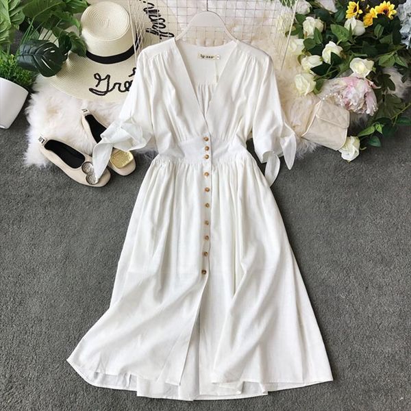 

summer womens retro v neck white waist dress long section commuter wind dresses fashion chic single breasted female wa422, Black;gray