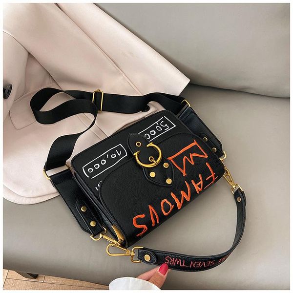 

embroidery letter bag popular handbag shoulder messenger female bag wide shoulder strap high-quality leather small square