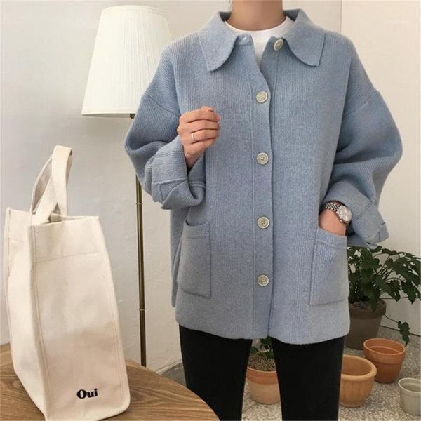 

2020 korea preppy style solid patchwork soft autumn winter thick warm cardigans pockets knitted sweaters1, White