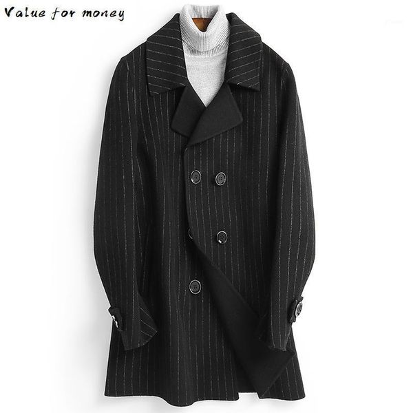 

new 2020 wool coat men double breasted long wool jacket striped korean mens coats abrigo hombre d-04-1959a-2 kj30141, Black