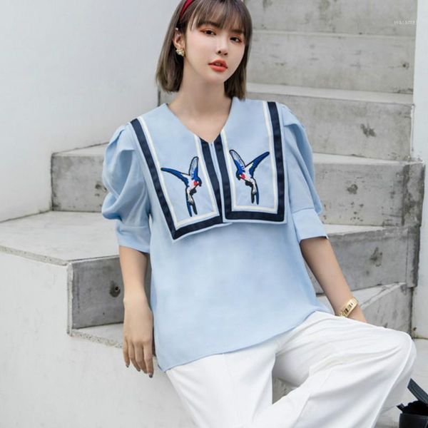 

women embroidery shirts short puff sleeve women blue blouses femme embroidery bird shirts female 1, White