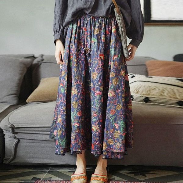 

johnature autumn winter retro print fashion all-match drawstring skirts 2020 new cotton linen loose comfortable women half skirt1, Black