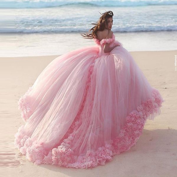 

luxurious ball gown pink wedding dress 3d flowers off shoulder ruched puffy long vestido de novia vintage bridal gowns, White