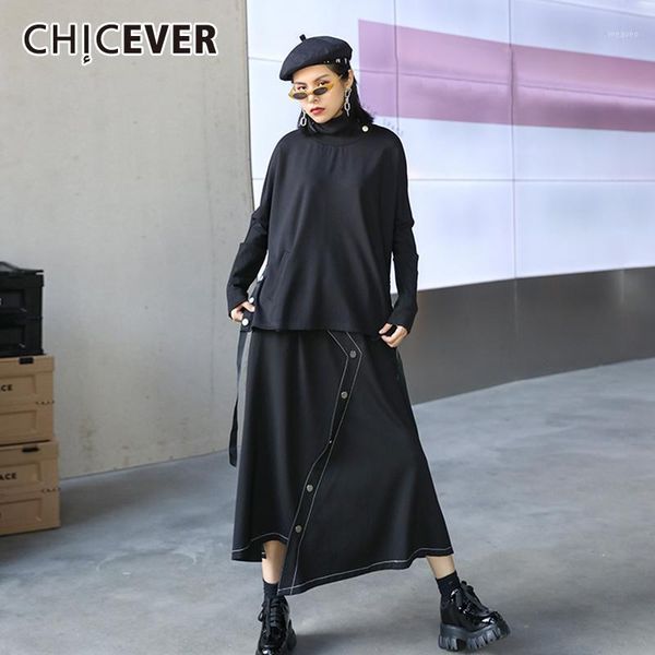 

chicever black two piece set for women stand collar long sleeve side split lace up patchwork rivet skirt female 2020 clothes1, Gray
