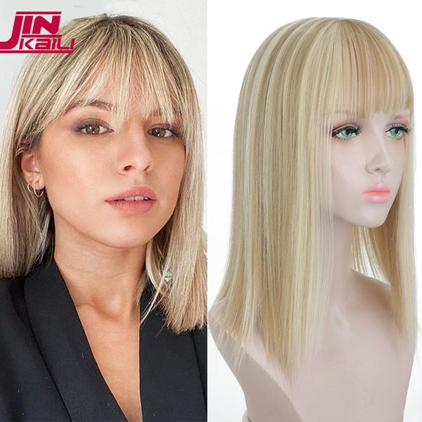 

jinkaili women synthetictoupee clip-in hair extension synthetic hair with bangs for women heat resistant hairpiece 220217, Black;brown