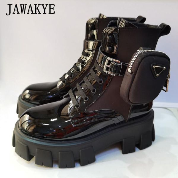 

зимние ботинки платформы женщин карман combat boots толстая подошва натуральная кожа черный мотоцикл бота luxe высота увеличение короткие пи, Black