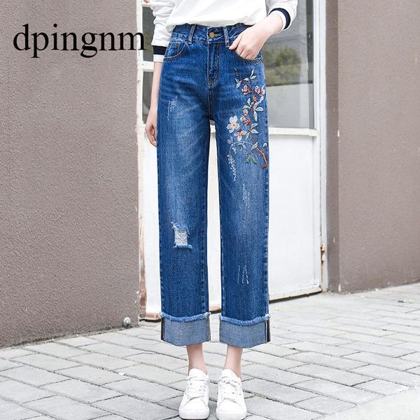 

новые вышитые джинсы с высокой талией и отверстие весной и осенью, Blue