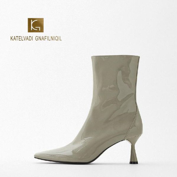 

boots katelvadi women 6.8cm high heel ankle green patent winter shoes fashion zipper lady party size 35-40 jy-006, Black