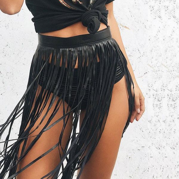 

boho women fringe tassel black skirts pu leather high waist short skirt summer1