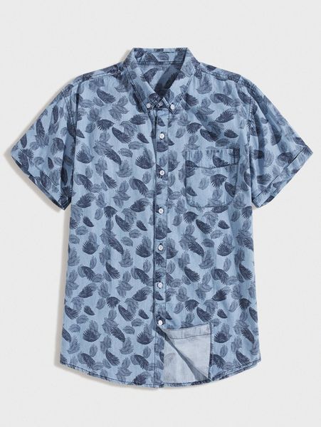 

men allover feather print denim shirt x4u4#, Blue