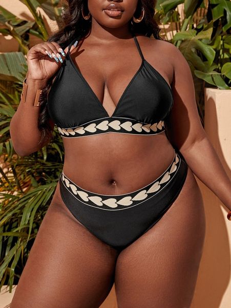 

sxy plus heart pattern halter bikini swimsuit l03t#, Black