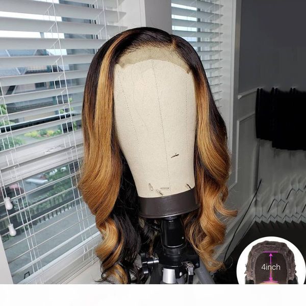 

bib 4x4 loose wave wig honey blond ombre color highlight wig human hair wigs for women remy brazilian 130% lace closure, Black;brown