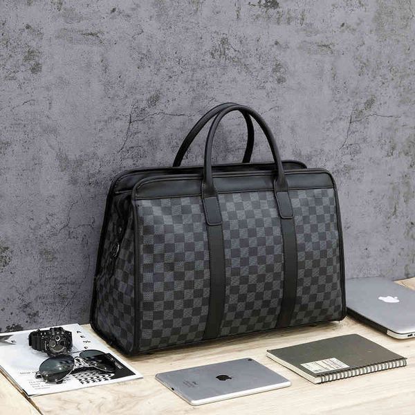 

handbags bags fashion men's classic plaid leather horizontal handbag high-capacity fitness travel short distance luggage, Black;red