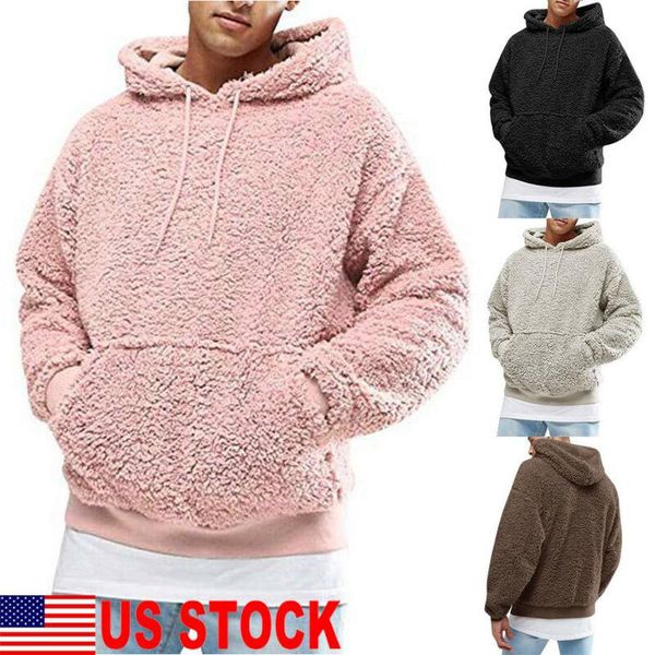 

men winter warm faux fur sweatshirt hoodie hooded coat oversized outwear, Black