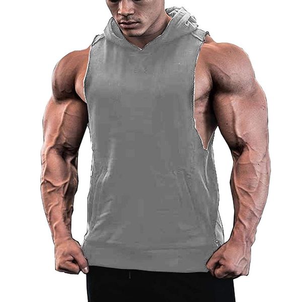 

selling slim fit workout gym sleeveless brown pullover hoodies for men, Black