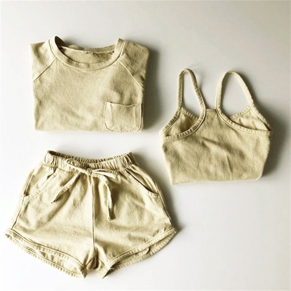 

2-6t cotton baby set kids boys girls clothes sets t-shirt+vest+shorts pants outfit 3pcs children summer clothing suit y200901, White
