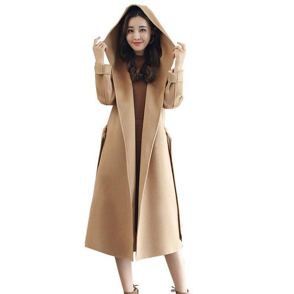 

women's wool & blends hooded double sided cashmere plus size long winter coat women 2021 female woolen jacket overcoat casaco 57, Black