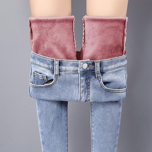 

winter warm jeans woman 2021 high waist casual velvet ladies trousers female pantalon denim jeans for women pants plus size, Blue
