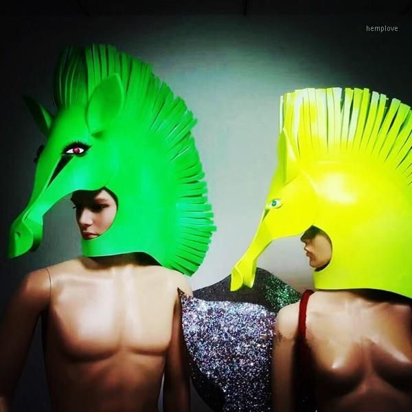 

new fluorescent horse head headdress gogo creative costumes theme party headwear1, Black;red