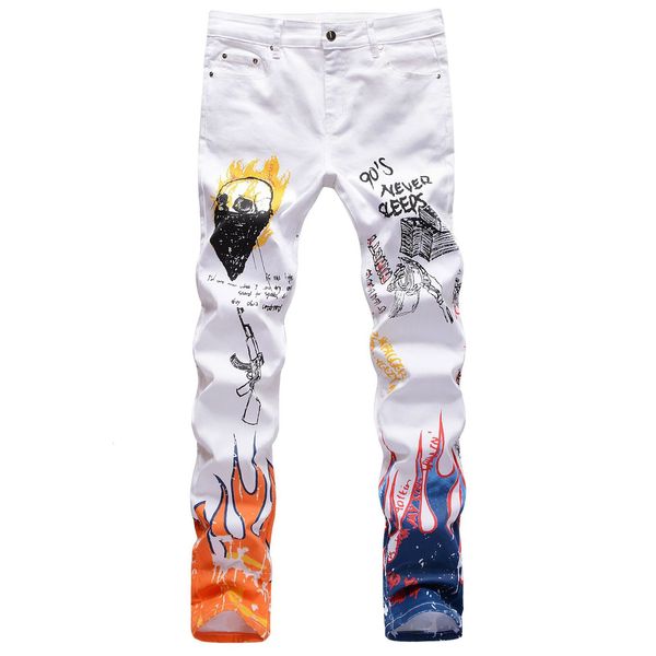 

2021 new black white man men's male fashion letters flame printed jeans slim straight skull graffiti colored painted stretch pants t287