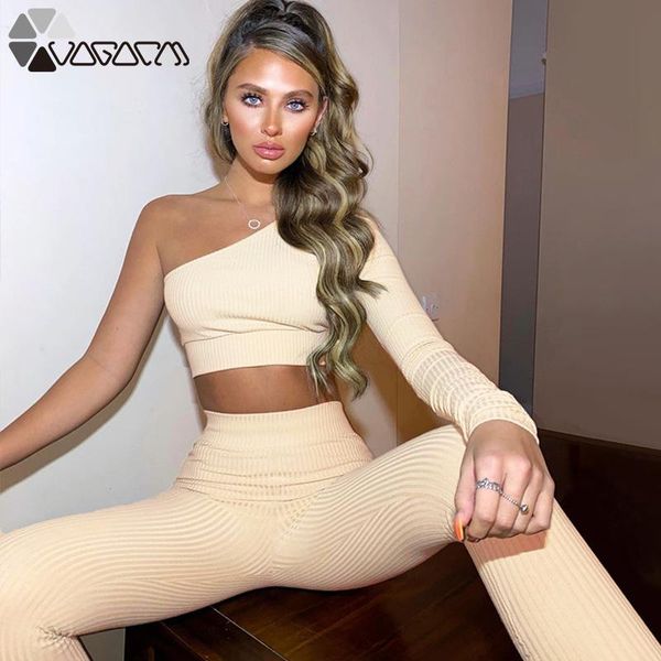 

yoga outfits seamles 2 piece set women's fall winter fashion one-sleeve strapless crop leggings skinny casual suit gym fitness sportswe, White;red