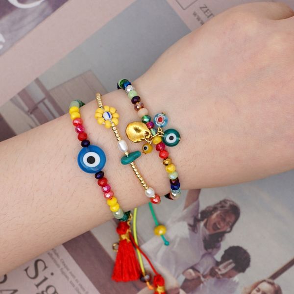

qnljq 2020 summer style crystal tassel bracelet ins bracelet glass evil eye national rainbow friendship rope simple crystalnational crystal, Golden;silver