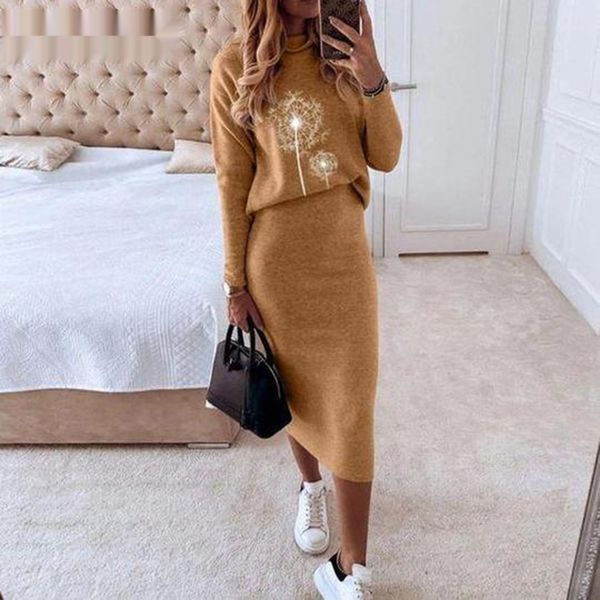 

lidi4 women's autumn and winter autumn and dandelion printed two-piece women's fashion casual winter fashion casual dandelion dres, Gray