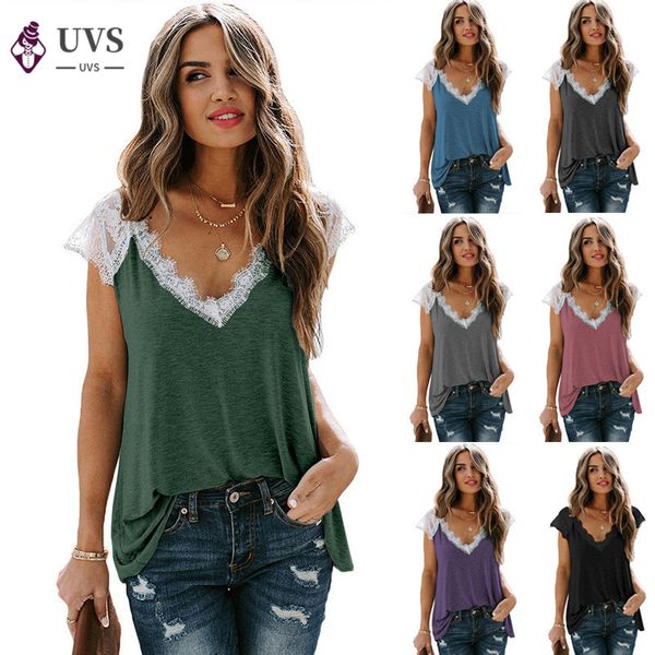

v-neck lace tshirts women summer 2020 new loose causal tees large size solid color lace splice short sleeve, White