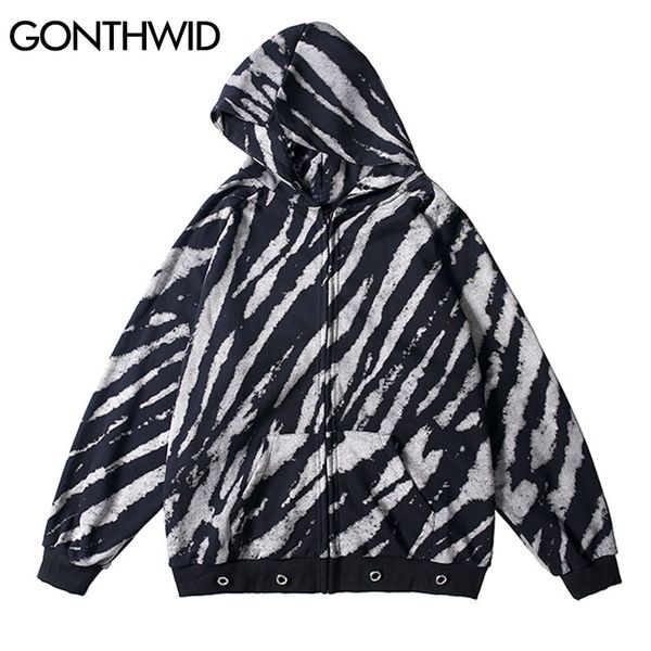 

zebra pattern tie dye full zip hooded sweatshirts coats streetwear hip hop harajuku casual hoodies jackets men women, Black;brown