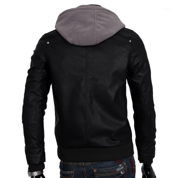 

casual korean autumn mens hooded faux leather outerwear coats moto biker slim hat detachable male pu leather jackets plus size1, Black