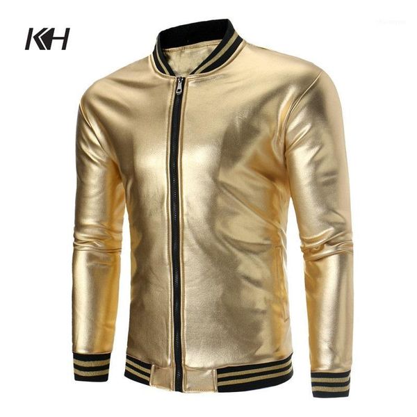 

kh new arrival gold bomber jacket coat nightclub shiny hip hop casual overcoat fashion slim fit zipper baseball jacket1, Black;brown