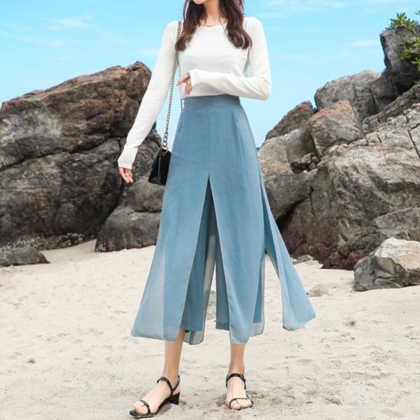

women's solid wide leg ankle length pants trousers casual vintage high waist chiffon side split loose bohemia skirt pants 870a t200422, Black;white