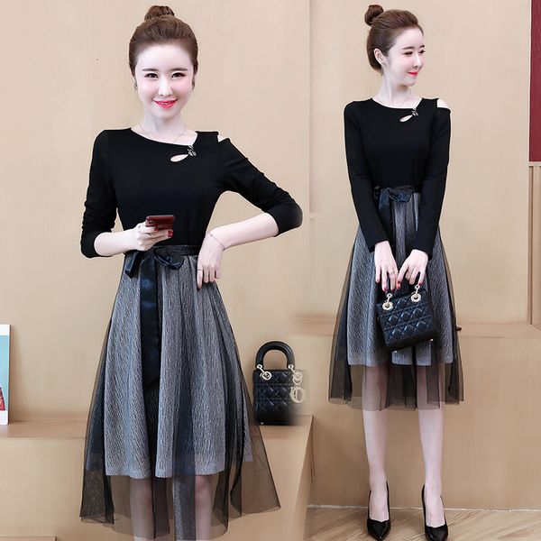 

womens plus size dressed mango, knitted or crocheted fats fall line skater woman dress in clothes q255, Black;gray